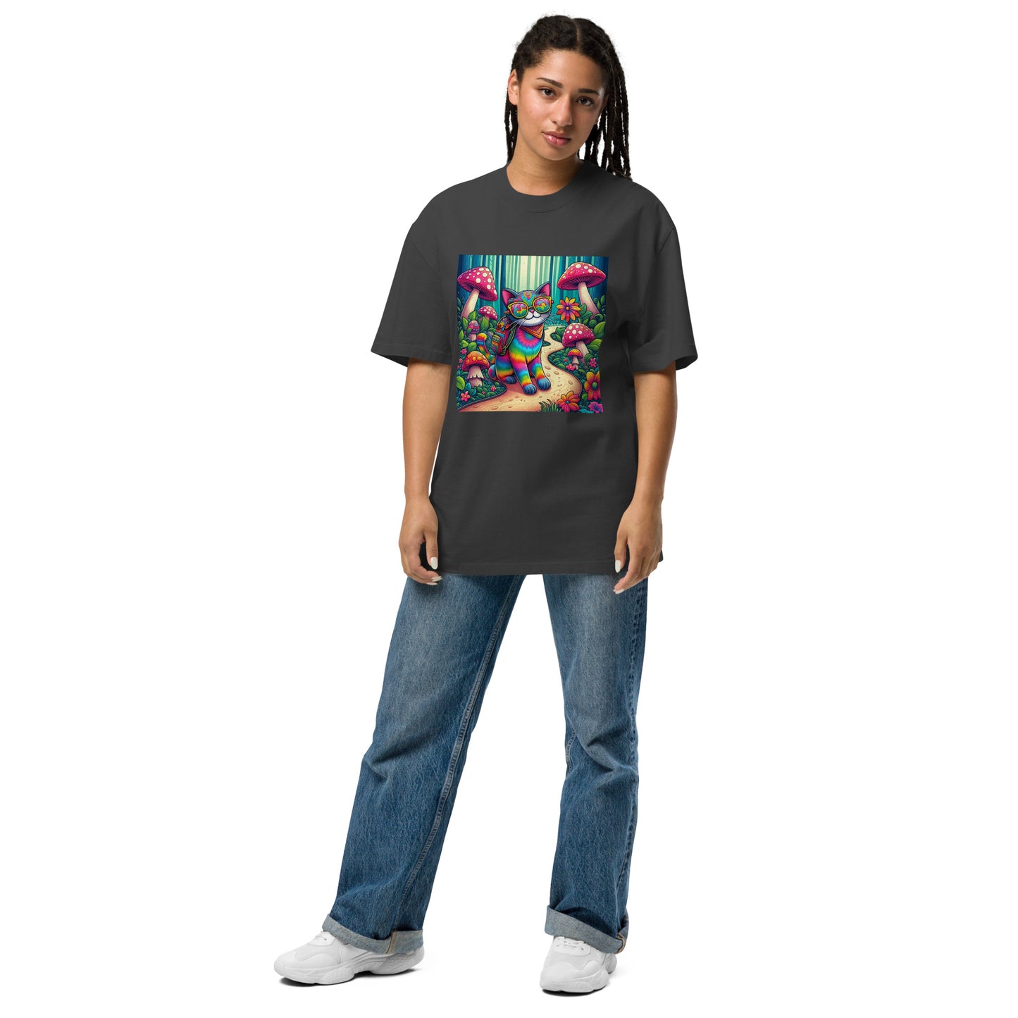 Oversized T-Shirt mit verwaschenem Look - Psychedelic Cat