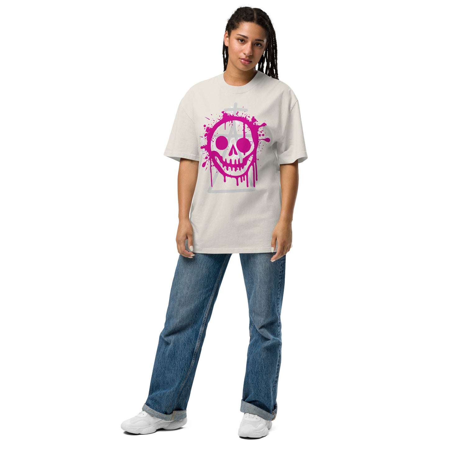 Oversized T-Shirt mit verwaschenem Look - Totenkopfsmiley