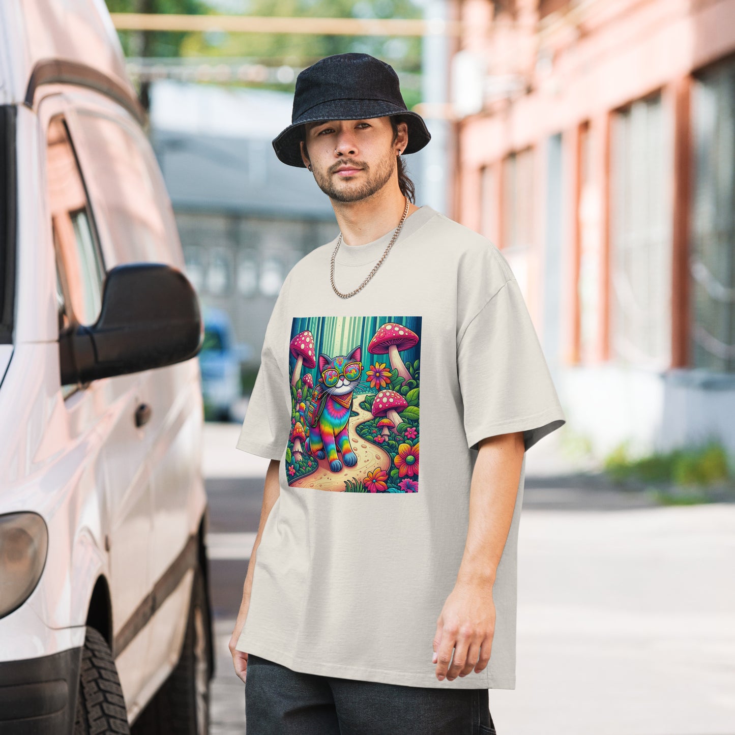 Oversized T-Shirt mit verwaschenem Look - Psychedelic Cat