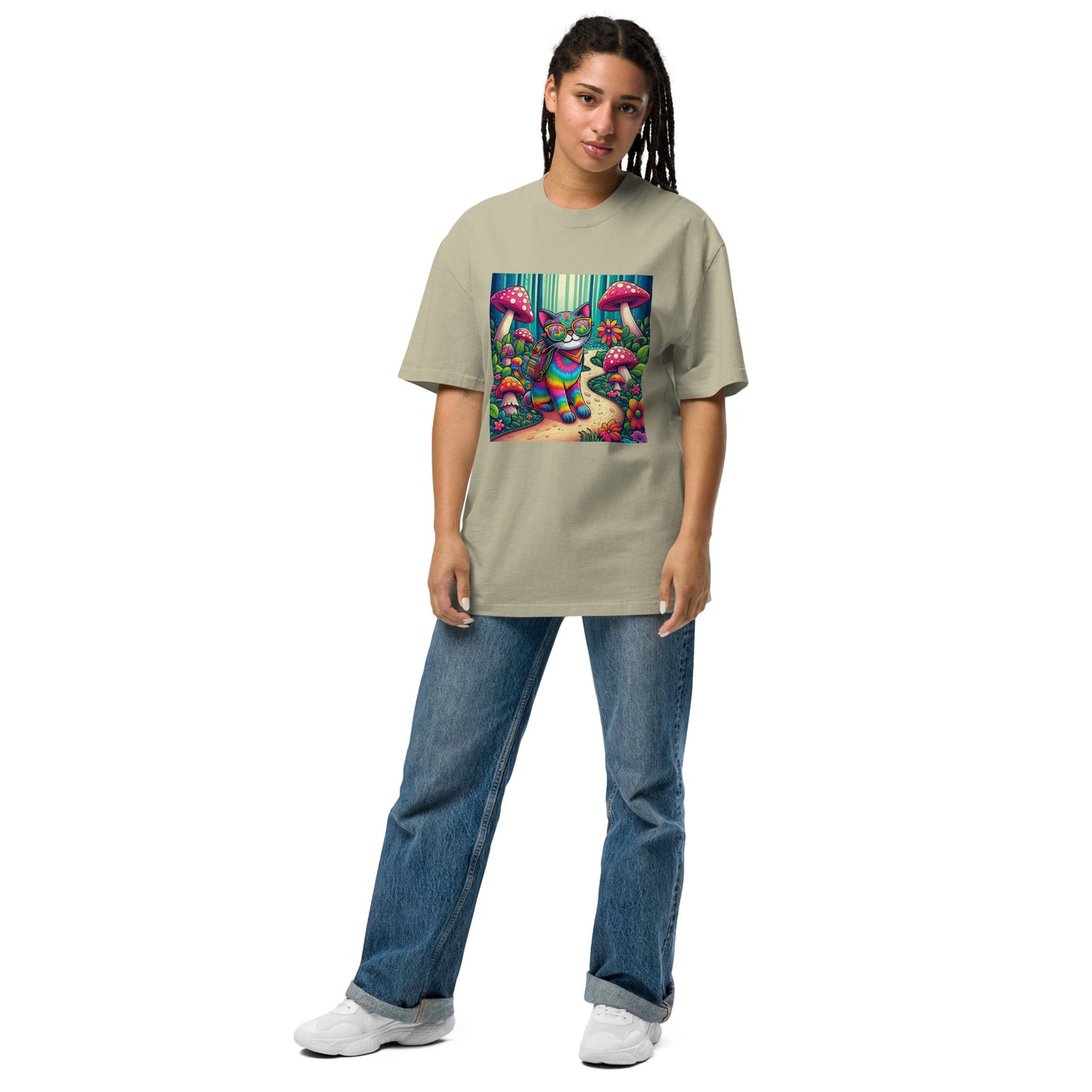 Oversized T-Shirt mit verwaschenem Look - Psychedelic Cat