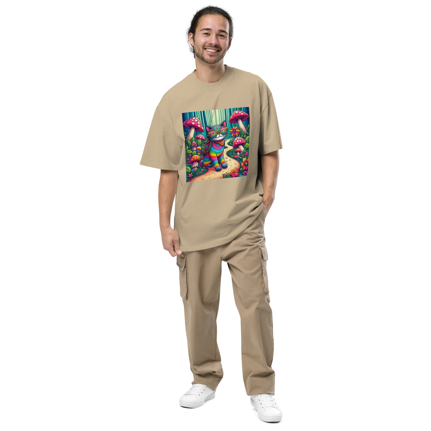 Oversized T-Shirt mit verwaschenem Look - Psychedelic Cat